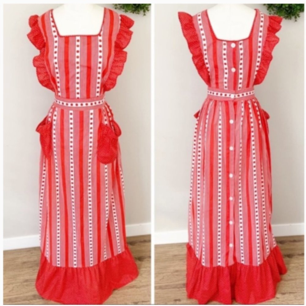 Wilmington Square Vintage Red Ruffle Maxi Dress Small Buttons Ruffle Apr…